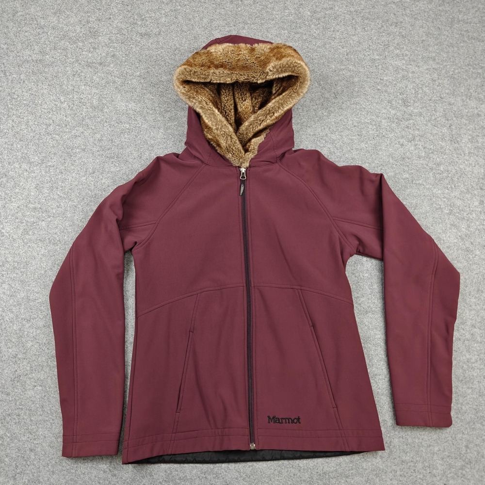 Marmot Jacket Womens Medium Red Softshell Hooded Faux Fur‎ Lined Full Zip Warm